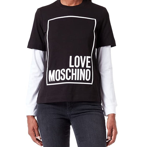 T-shirt Donna logo e sovrapposizione Nero bianco LOVE MOSCHINO- Francavilla Moda